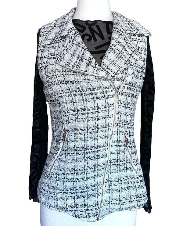 Tinley Road Retro Glam Business Professional Zip Black White Plaid Tweed Vest - Image 2