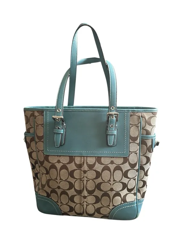Coach Vintage Y2K Hadley Lunch Bag Beige Signature Canvas Tote Blue Leather Trim - Image 2