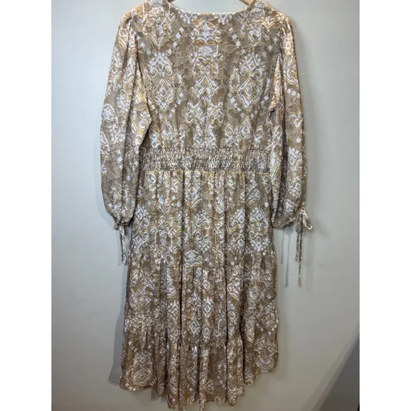 Cupio Midi Dress Women L Tan Gold Geometric Smocked Tiered Boho - Image 7