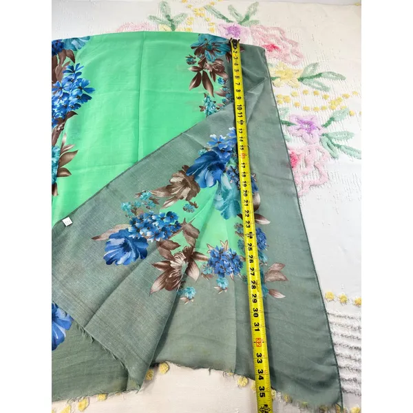 Green Fantasy Scarf Blue Floral Print Viscose‎ Lightweight Wrap Eyelash Fringe - Image 6