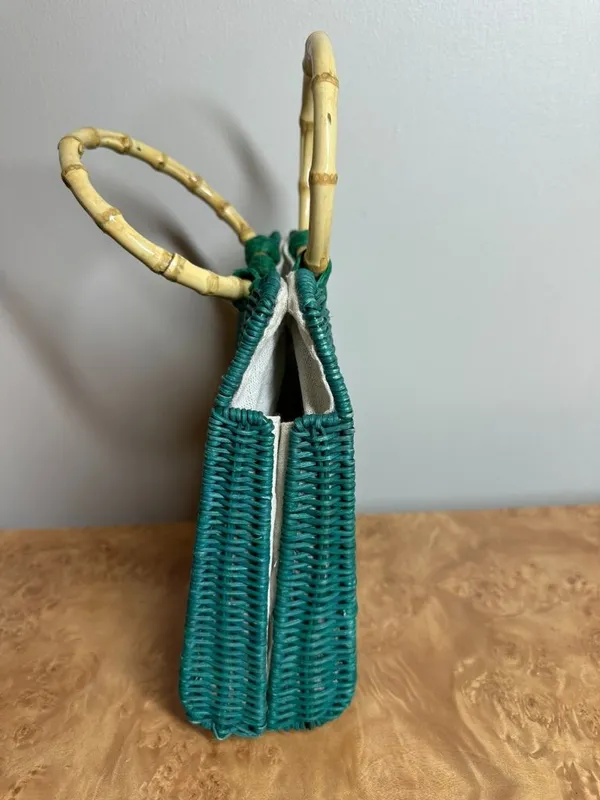 Zara Turquoise Woven Straw Tote Bamboo Ring Handles Beach Resort Handbag Boho - Image 3