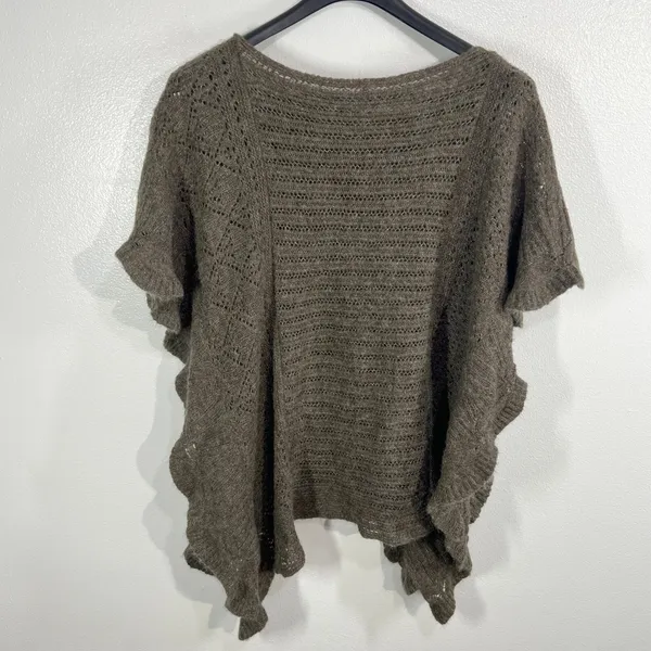Free People Rosie Lee Poncho‎ Medium Brown Open Knit Ruffle Hem Boho Oversized - Image 3