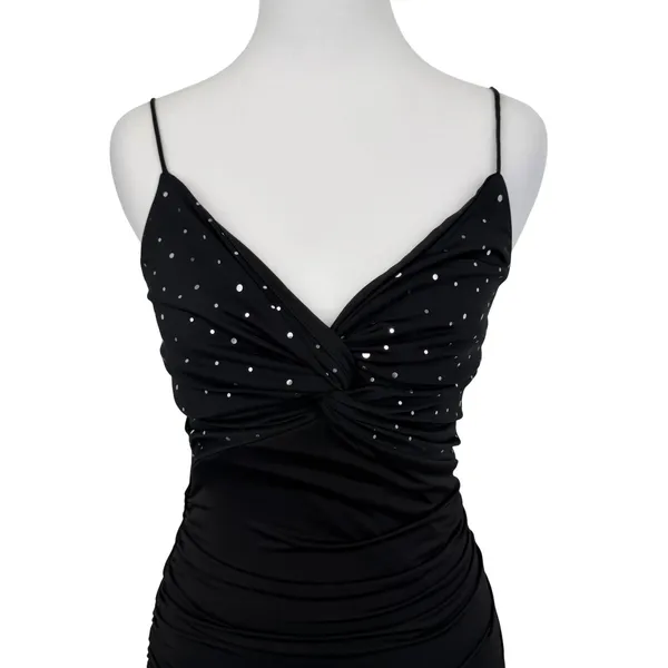 Lucy In The Sky Mini Dress Womens Small Black Sequin Ruched Twist Front Bodycon - Image 2