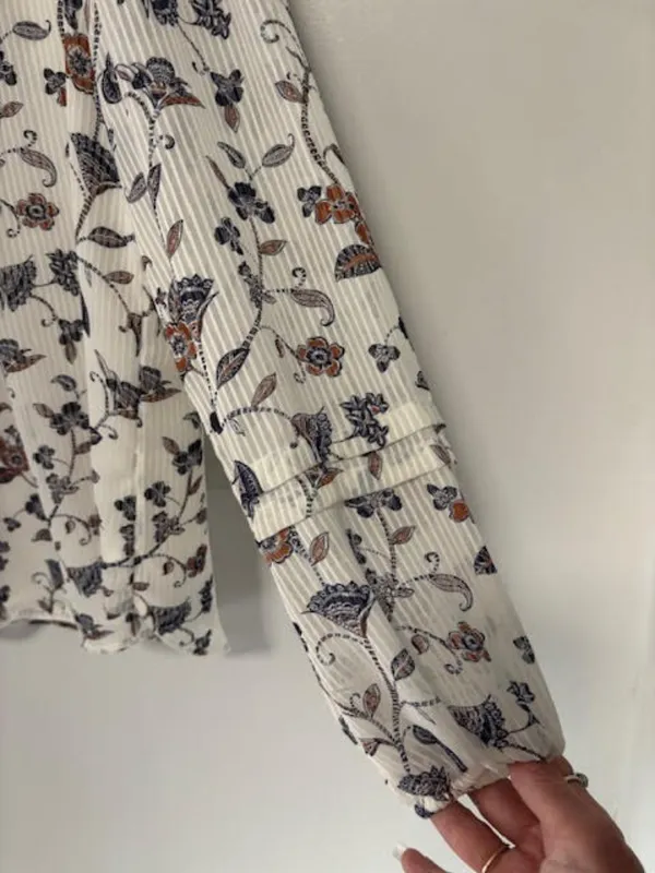 LOFT M White Floral Striped Pleated Yoke Lined Peasant Blouse Neutral Feminine - Image 4