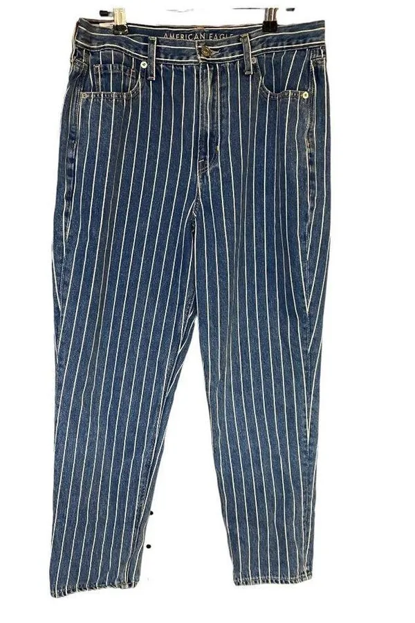 American Eagle Mom Jeans 10 Blue White Striped High Waist Ankle Denim Cotton - Image 2