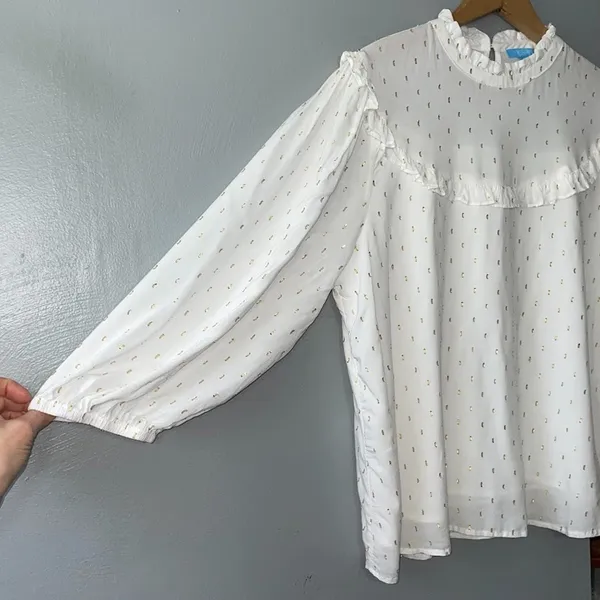 Draper James Ruffled Peasant Top Size XL White Metallic Gold Romantic Holiday - Image 3