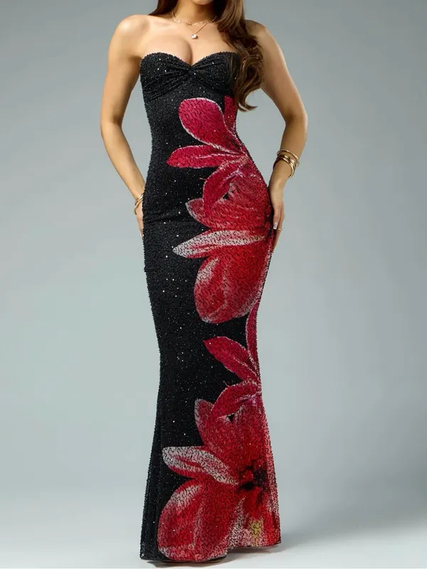 Windsor Black Strapless Sequin Gown with Red Floral Motif - Image 3