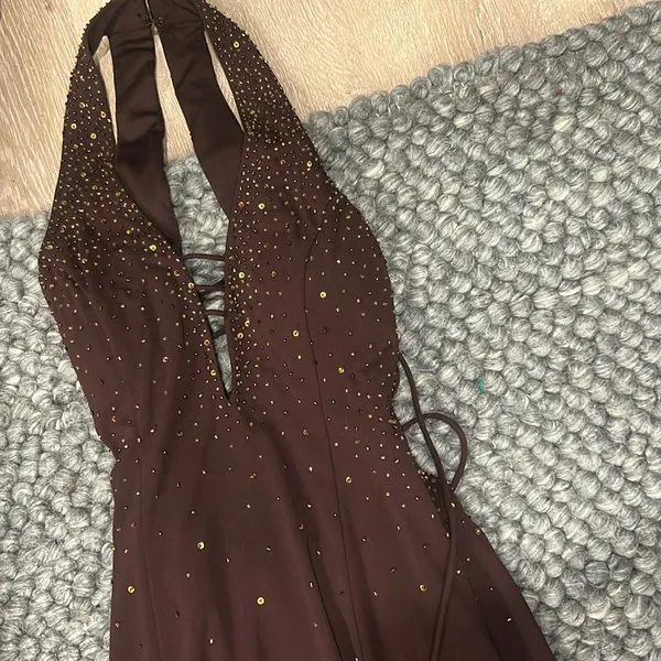 Cum Cum by Niki Livas Brown Satin Beaded Maxi Party Dress - Image 9