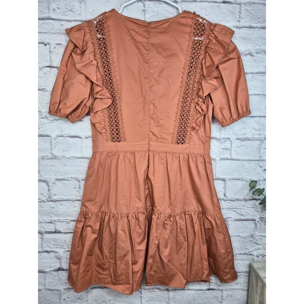 ​NWT English Factory Terracotta Lace Inset Puff Sleeve Tiered Boho Mini Dress L - Image 7