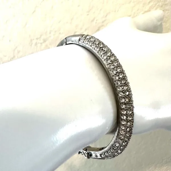 Silver tone hinged rhinestone bangle bracelet - Image 3