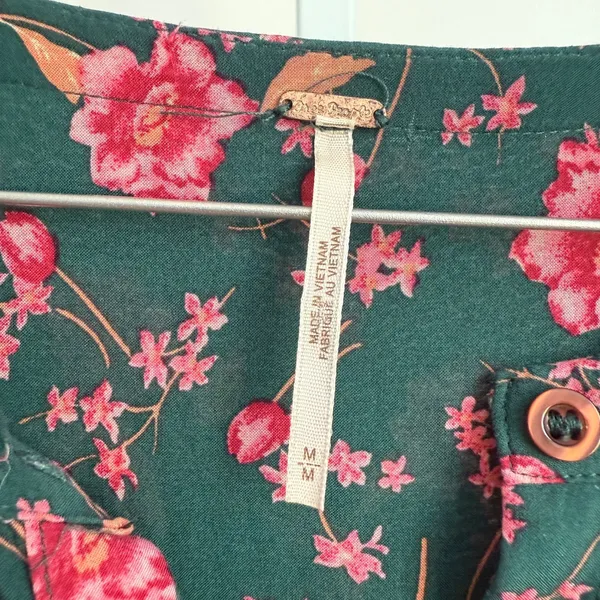 Free People Floral Mini Babydoll Dress Button Front Long Sleeve Green Pink M‎ - Image 7