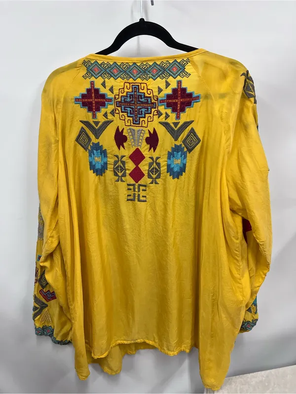 Biya Johnny Was golden Yellow Embroidered Boho long sleeve Top L blouse geometri - Image 7
