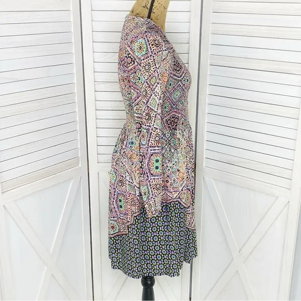 Maeve Anthropologie‎ Tiled Amethyst Dress XS Smocked Long Sleeve Boho Mosaic - Image 4