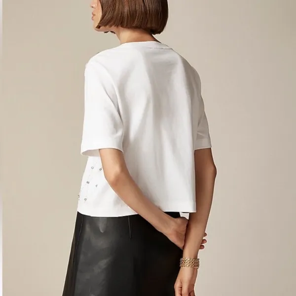 NWT J. CREW Relaxed Lattice Embellished Crop Tee White Small - Image 2