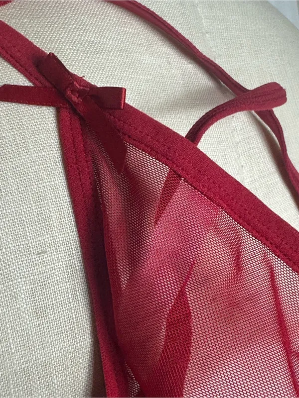 Betsey Johnson lingerie Y2K style babydoll 2 piece Red Satin Mesh Bow Small NWT - Image 7