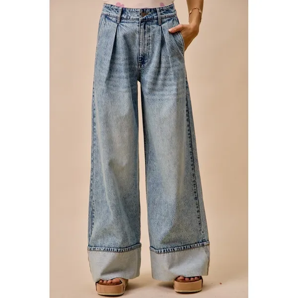 SO ME Mid Rise Plated Wid Leg Denim Jean - Small - Image 2