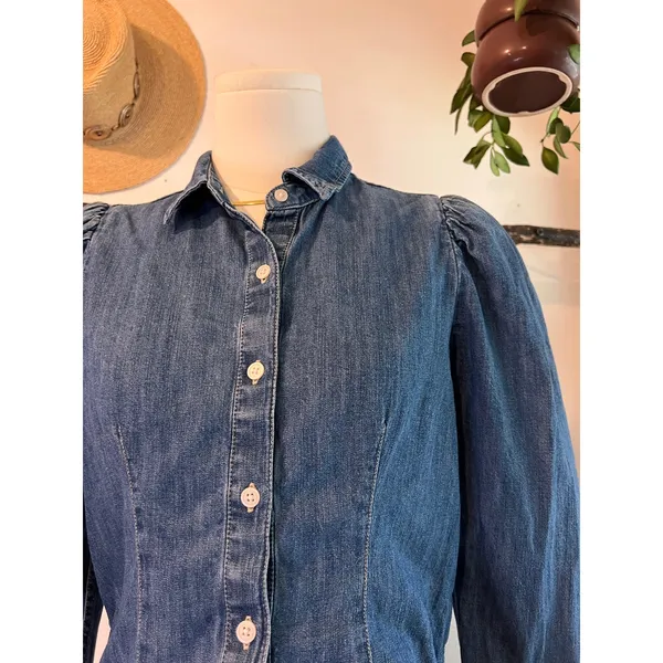 Express Blue Cotton Denim Puffed Long Sleeve Button Front Blouse Size XS - Image 10