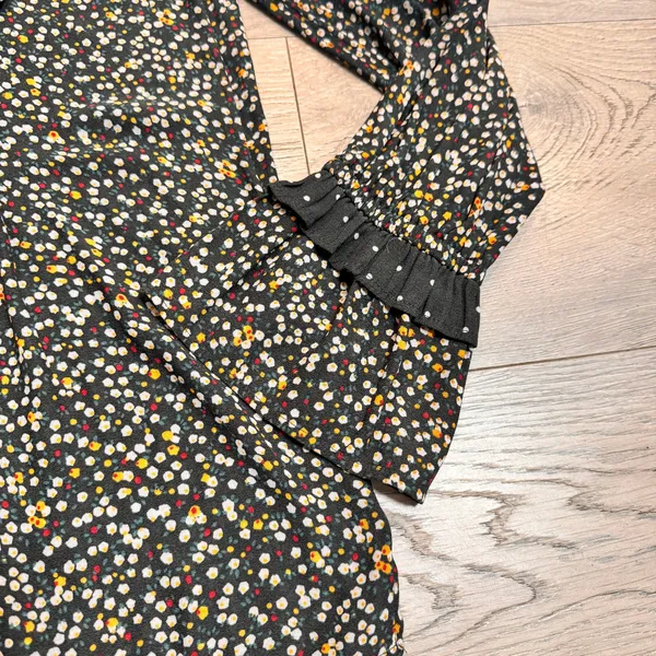 LOFT Ann Taylor Floral Print Ruffle Blouse Long Sleeve Casual Top Black Small‎ S - Image 3