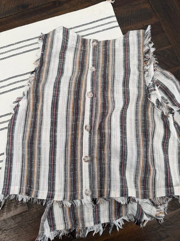 Very J Striped Frayed Two-Piece Shorts Set in Ivory, Black, Tan - Image 8