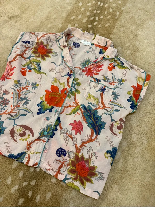Powell Craft Floral Cotton Pajama Top M/L Pink Botanical Short Sleeve Button Up - Image 3