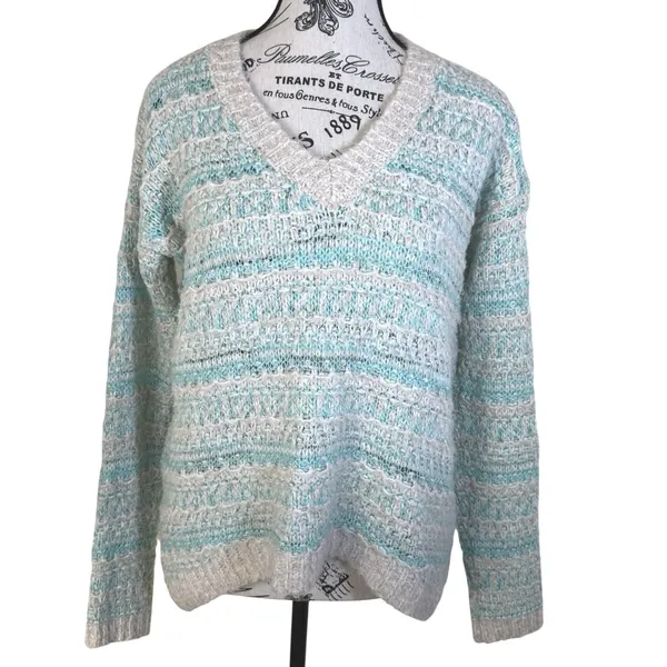 Aeropostale Womens Striped Knit Sweater Blue White Sz M V Neck Coastal Pullover Long Sleeve - Image 2