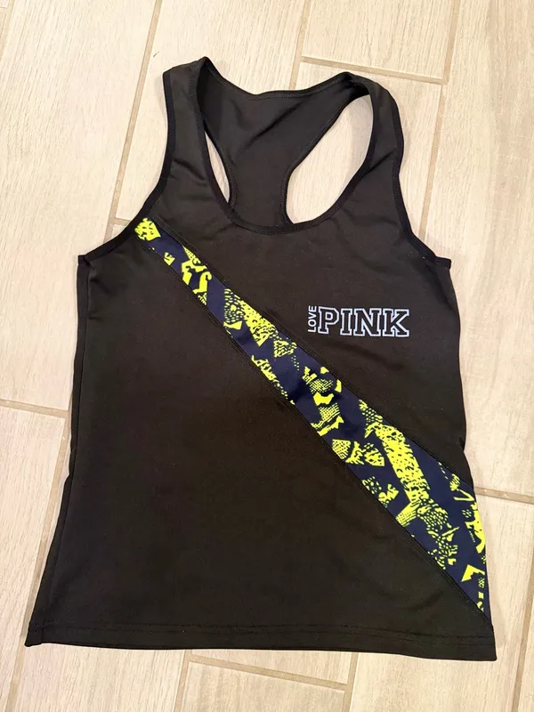 PINK Victoria's Secret Black Tank with Neon Yellow Diagonal Print - Image 2