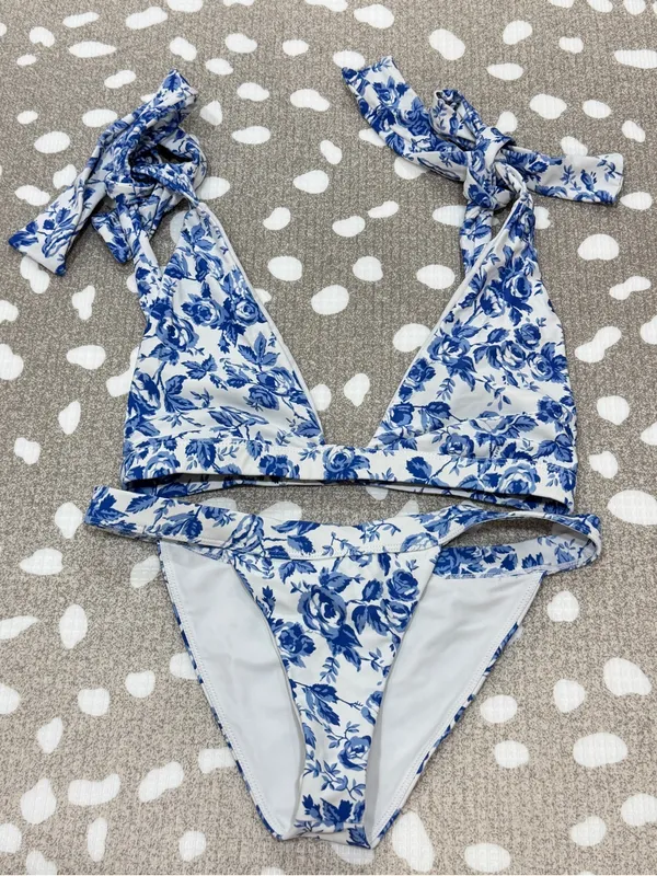 Lovers + Friends Bikini set Take Me Away tie triangle top Bottoms French Floral - Image 6