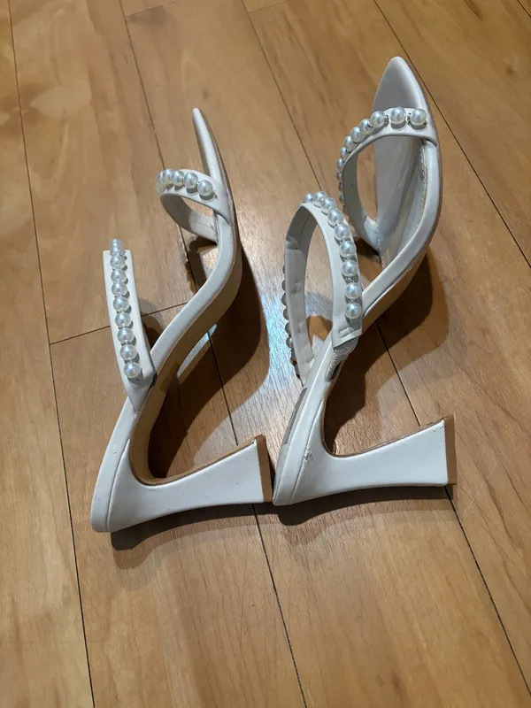 Dolce Vita Pearl Embellished Slip-On Square Toe Cream Colored Heels - Image 6