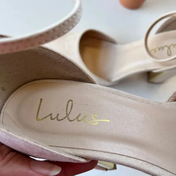 Lulu's Ankle Strap Block Heels Womens Shoes Size 9 Blush Pink Gold Faux Suede - Image 10