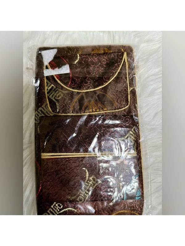 Japanese Brocade Silk Pouches Brown With Gold Accents Set of 3 New - Image 4