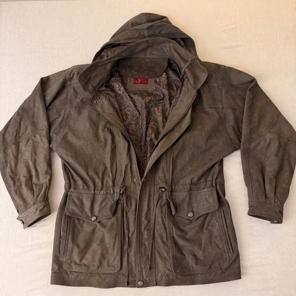 Patricks Cotacachi‎ Ecuador Brown Leather Hooded Field Jacket Paisley Lined - Image 10