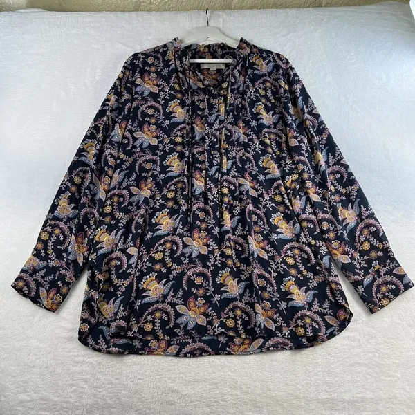 LOFT XL Tunic Top Blouse Relax‎ Fit Blue Floral Long Sleeve Button Front Boho - Image 2