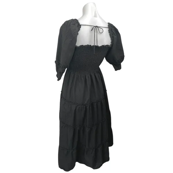 Hill House Home Nesli Black Puff Sleeve Smocked Tiered Midi A-Line Nap Dress XS - Image 4
