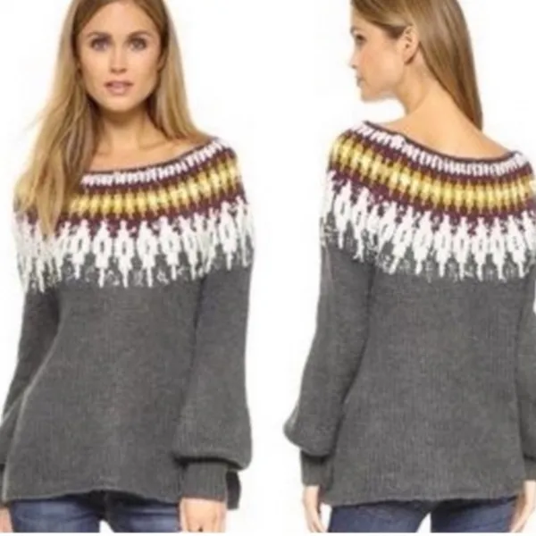 Free People Baltic Fair Isle Knit Sweater Large Gray Alpaca Mohair Blend - Image 2