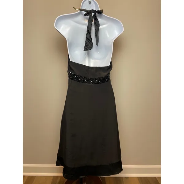 White House Black Market Dress Size 4 Black Silk Embellished Halter A‑Line Y2K - Image 3