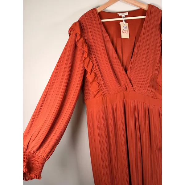 Girl Soul Rust‎ Orange Pleated Ruffle V Neck Long Sleeve Maxi Dress Plus Size 3X - Image 7