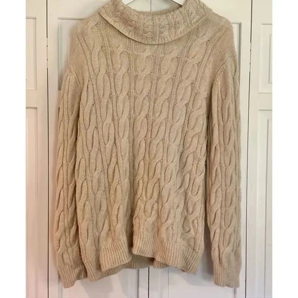 L.L. Bean wool ivory cableknit turtleneck sweater xl petite - Image 6