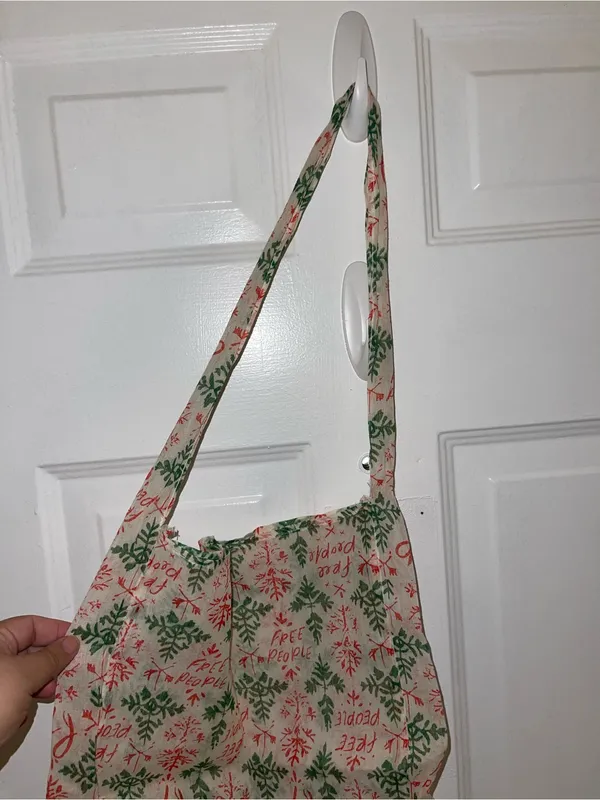 Christmas Free People Cream Canvas Tote with Red & Green Print - Image 2