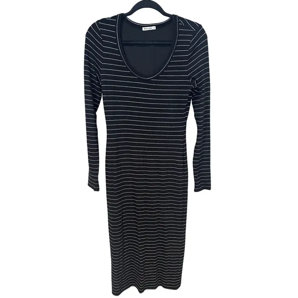 Marine Layer Lexi Ribbed Midi Dress Black White Striped Long Sleeve Size M - Image 2