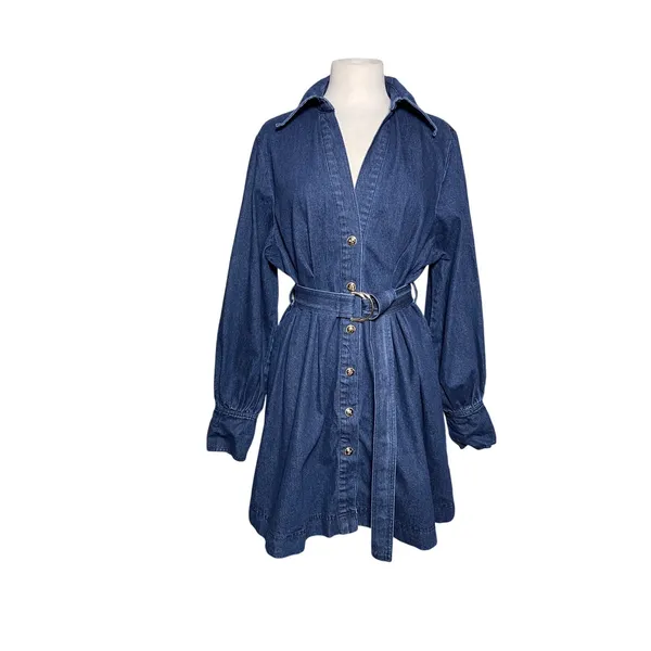 COMMENSE Women’s Belted Button Front Puff Sleeve Dark Wash Denim Dress - Image 2