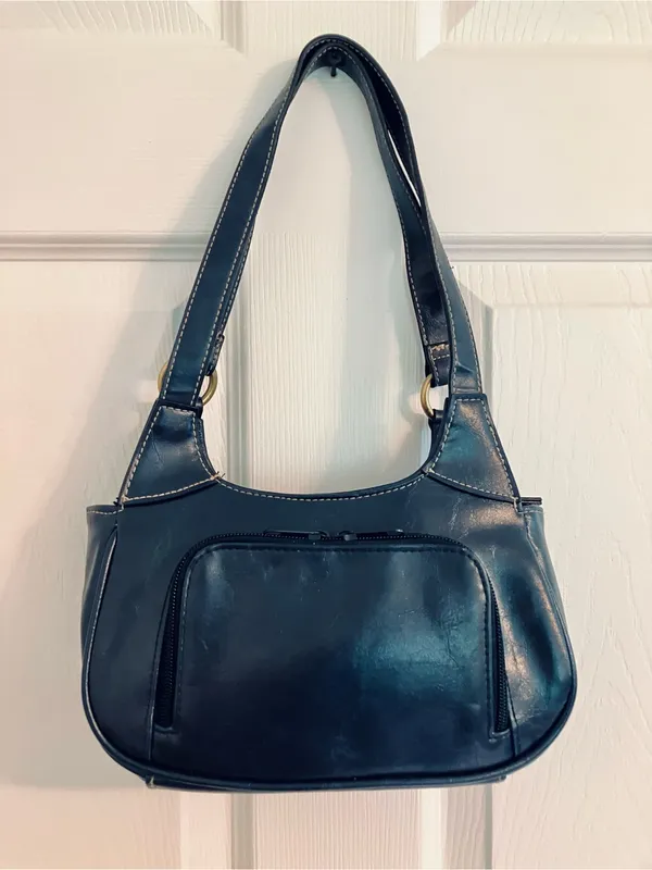 Navy Blue Shoulder Bag Purse Tote w/ Gold-Tone Accents: Faux Leather, Small - Image 2