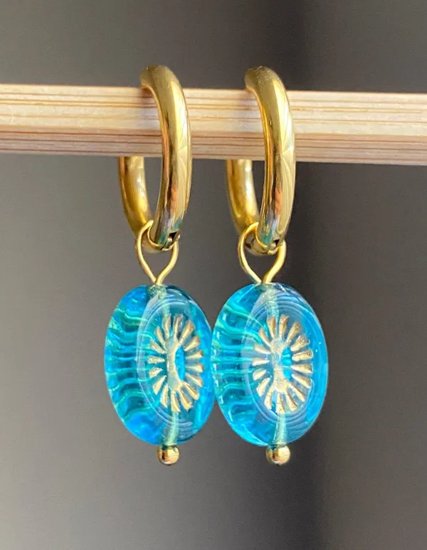 Handmade retro vintage chic whimsical style quality Czech glass beads 2WAY hoop dangle earrings🩵 - Image 3