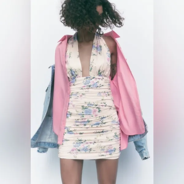 NEW Zara Floral Print Ruched‎ Mini Dress in Pale Pink Size Small - Image 10