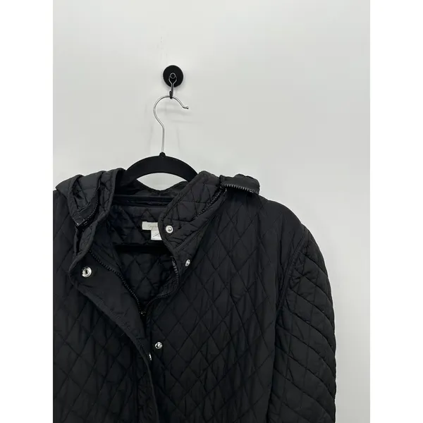 Garnet‎ Hill Black Essential Quilted Coat Snap Zip Removable Hood Sz 14 Pockets - Image 5