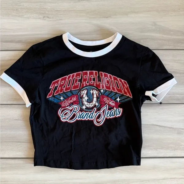 True Religion Ringer Baby Tee with Crystal Logo Black Small NWOT - Image 4