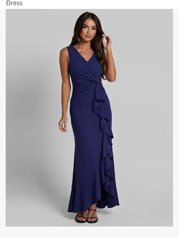 Elegant Navy Blue Ruffle V-Neck Evening Dress Twist Knot Ruffled Hem Maxi Dress - Image 2