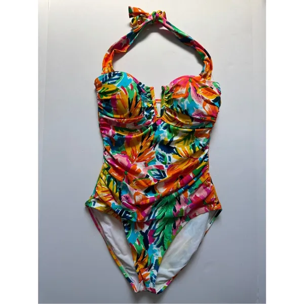 Into The Bleu Wandering Eye Halter One Piece Swimsuit Ruched Tropical Floral 12 - Image 2