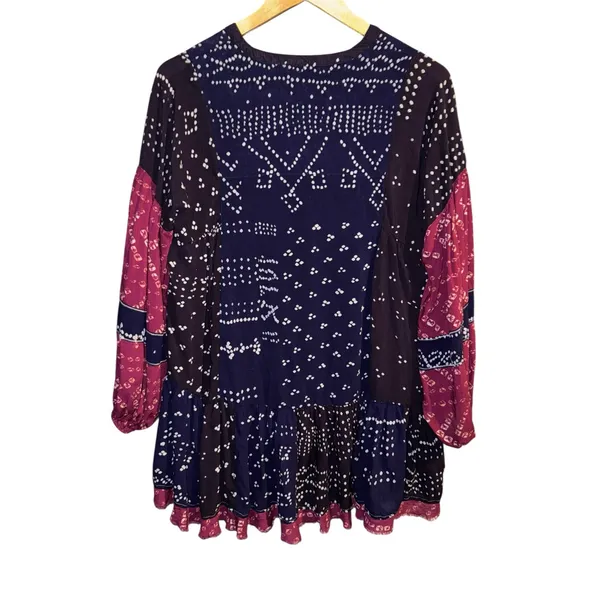 Free People Shibori Balloon Sleeve Tunic‎ Dress XS Patchwork Boho Hippie ~Flaw~ - Image 8