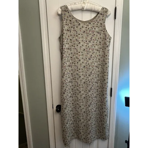 Reversible Maxi Dress L XL Floral Polka Dots Sleeveless Side Slits Tan Gray Mult - Image 11