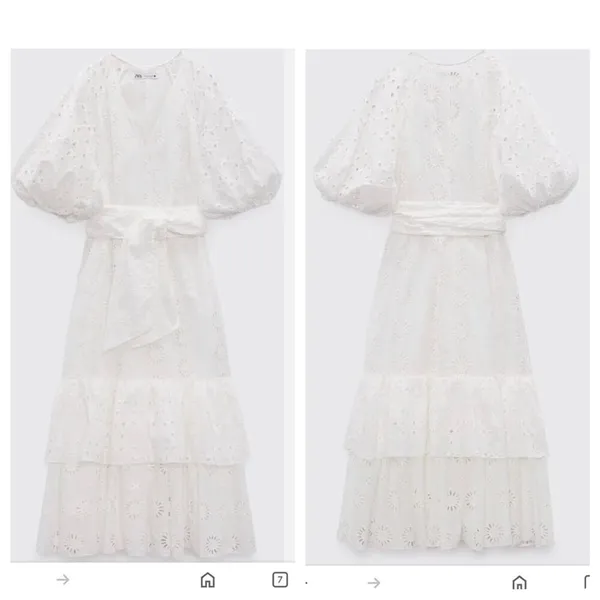 Zara Eyelet Cotton Midi Dress Puff Sleeve Belted Floral Ruffle Tiered Medium - Image 2
